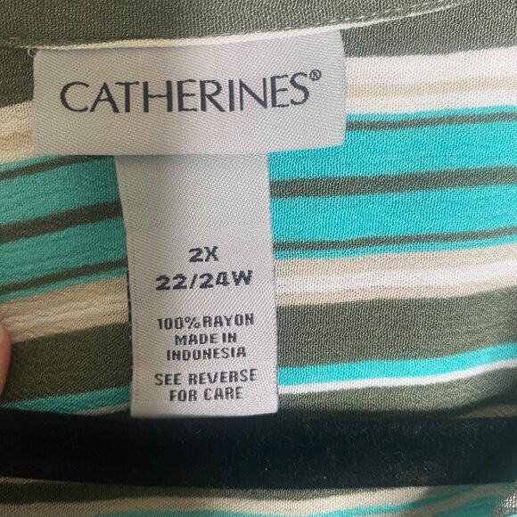 Catherines Button-Front Tunic Top Womens 2X 22/24W Striped Roll Tab Sleeves Ligh - Picture 2 of 8
